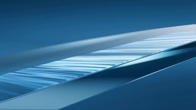 An abstract blue background featuring sleek, reflective geometric planes. Bright, horizontal light streaks cascade across the surfaces, giving a dynamic, high-tech, and futuristic motion graphics fee