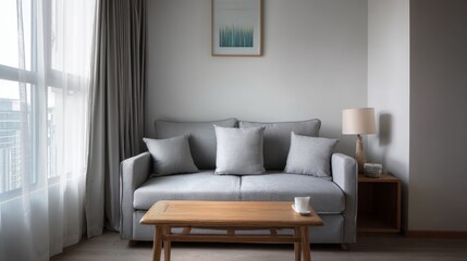 Cozy Living Room with Gray Sofa, Decorative Pillows, Wooden Coffee Table, and Natural Light from Windows, Modern Interior Design, Calm Atmosphere