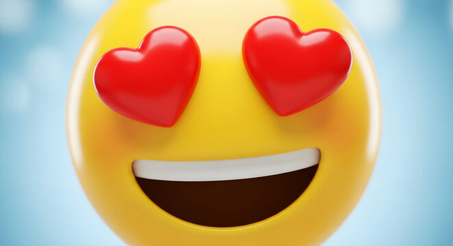 Emoji Face with Heart Eyes | 3D Render of Smiling Yellow Emoticon with Red Heart Shaped Eyes for Social Media, Valentines Day and Love-Themed Designs