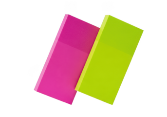 Neon pink and lime green rectangular rubber erasers for correcting pencil marks, isolated school and office supplies on white background.
