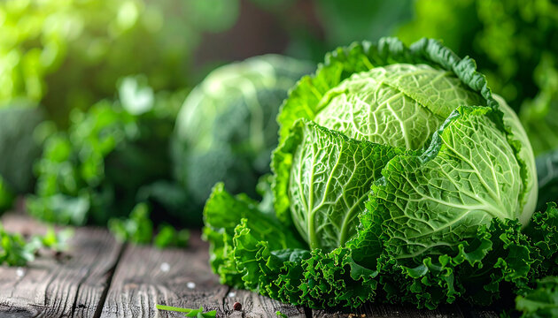 Fresh green cabbage and assorted green vegetables on wooden or neutral surface, healthy raw