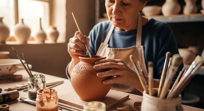 Senior Woman Painting Pottery Vase in Workshop