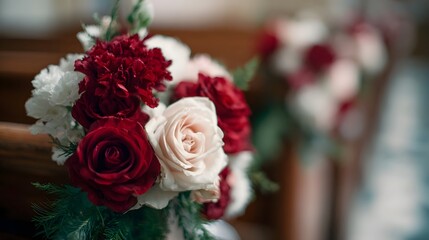 Obraz premium Floral arrangements of red and cream roses and carnations adorn church pews creating a warm and elegant atmosphere