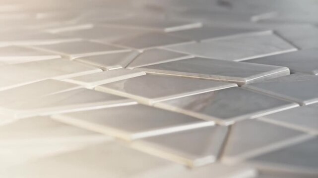 A close-up shot of a polished, light-colored tile pattern, possibly marble or ceramic, arranged in an interlocking, geometric design resembling scales, highlighted by soft, bright lighting and shallo