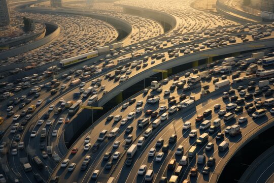 Many cars and trucks are stuck in a huge traffic jam on a complex highway interchange during sunset