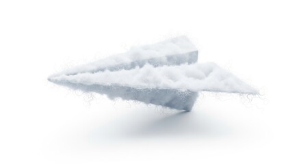 A soft white paper airplane formed entirely from fluffy clouds, isolated on white background, concept of imagination and freedom