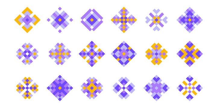 Pixel art flower icons in y2k style. Game 8 bit graphic forms of geometric embroidery patterns. Retro digital ornaments of decorative mosaic motifs for nostalgic interface design or cultural textile