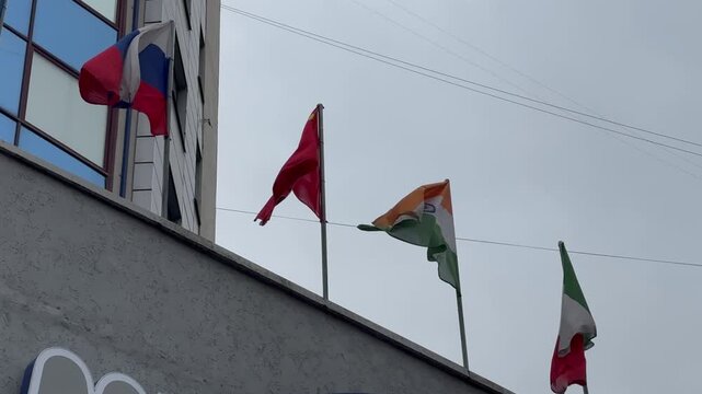Flags of Russia, India, Italy, China on the building. International Partnerships