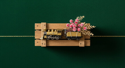 Miniature Toy Train with Flowers on Wooden Platform and Green Background