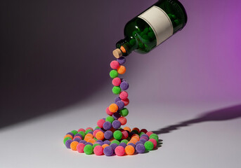 Green Bottle Pouring Colorful Foam Balls on Purple Gradient Background