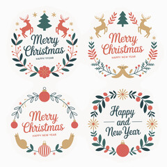 Vintage Merry Christmas and Happy New Year Wreath Badges Collection
