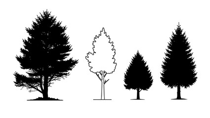 Fototapeta premium Four Trees Silhouette Outlines Depicting Pine, Evergreen, And Coniferous Forms