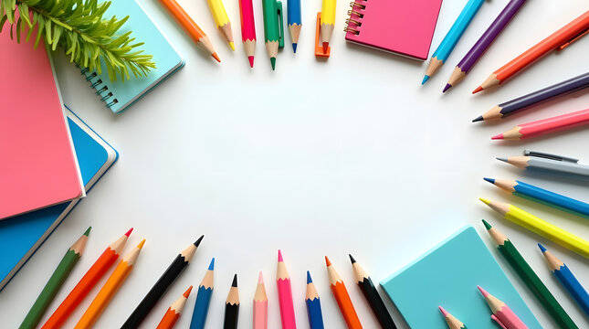 Colorful pencils and notebooks arranged on a white background for design - Powered by Adobe