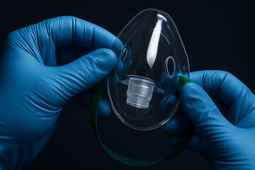 Close-up of a healthcare worker’s gloved hands adjusting a transparent oxygen mask with a green strap, emphasizing readiness for patient care, medical precision, and respiratory support.