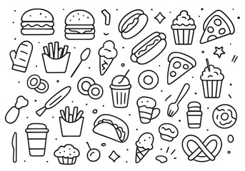 Assortment of Hand-Drawn Fast Food and Dessert Doodles