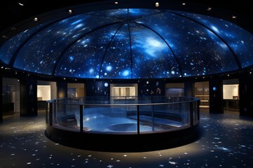 Modern planetarium interior with a domed ceiling projecting stars and constellations, creating an immersive cosmic experience for visitors