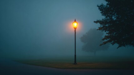 Fototapeta premium Misty Night Scene Featuring a Vintage Street Lamp Illuminating a Foggy Park Surrounded by Trees and Ghostly Ambient Light Creating a Mysterious Atmosphere