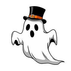 Cute White Ghost Character in Black and Orange Top Hat, Spooky Halloween Mascot Illustration
