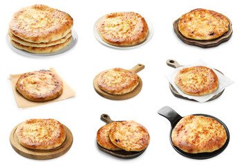 Delicious Megrelian khachapuri isolated on white, set