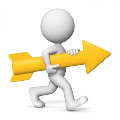 Stylized 3d white stick figure character holding a large yellow arrow forward