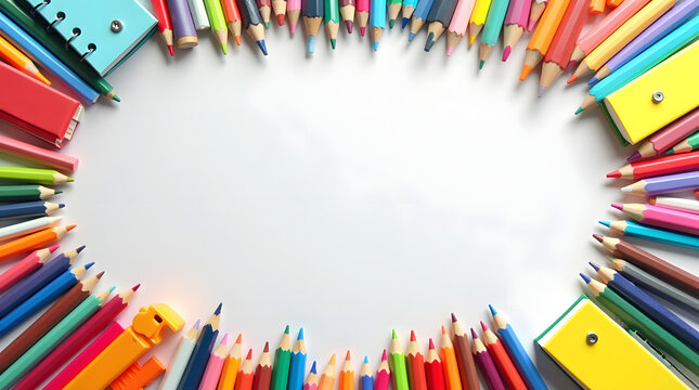 Vibrant colored pencils and notebooks frame blank space for creativity
