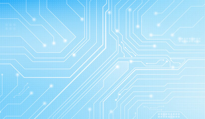 Abstract circuit board pattern with white line traces on light blue tech background - digital network connections and glowing nodes. Modern electronic technology design for innovation or computing. © klyaksun
