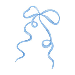 Watercolor blue bow, ribbon silk, illustration for design