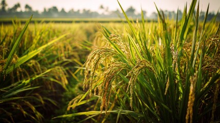 Fototapeta premium Lush Green Rice Field Under Soft Morning Light with Ears of Rice Surrounded by Nature Showcasing Agricultural Beauty and Rural Lifestyle