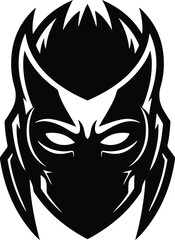 Stylized black and white masked character face logo