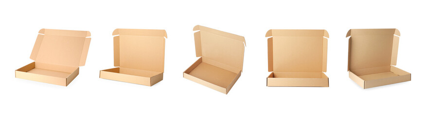 Open empty cardboard box isolated on white, set