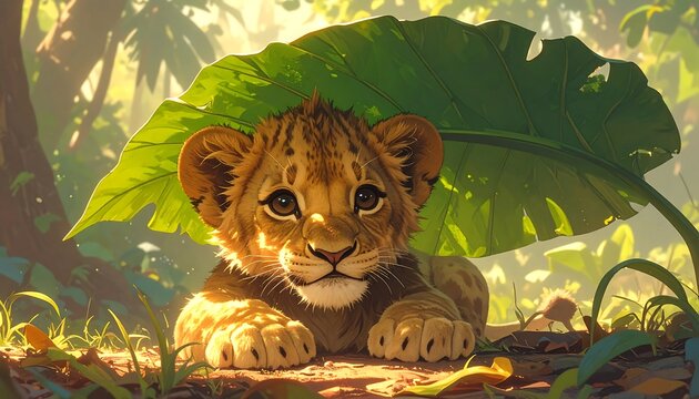 Adorable Lion Cub in Lush Jungle.