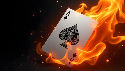 Ace of Spades card engulfed in flames with fiery sparks and glow