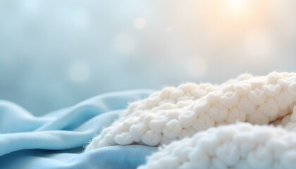 Soft white blanket and blue fabric, cozy comfort and relaxation scene