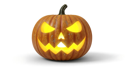 Realistic Halloween Pumpkin with Glowing Yellow Eyes and Mouth on White Background &mdash; Detailed Jack-o'-Lantern with Light Effect