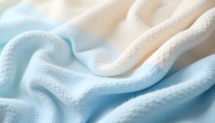 Soft textures of light blue and white fabric create a calming feel