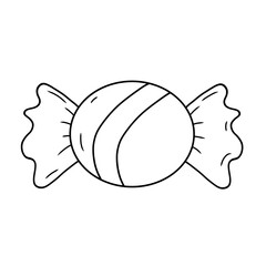 Wrapped Candy Cartoon Outline, Black and White Vector Coloring Page for Sweet Treats Activity