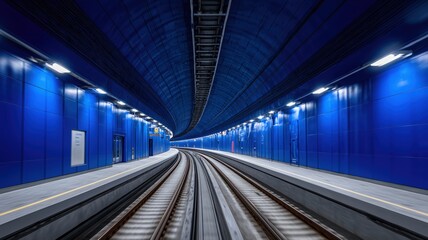 Naklejka premium Modern empty subway station interior with tiled walls, curved railway tracks, and bright fluorescent lights creating a clean underground transit atmosphere