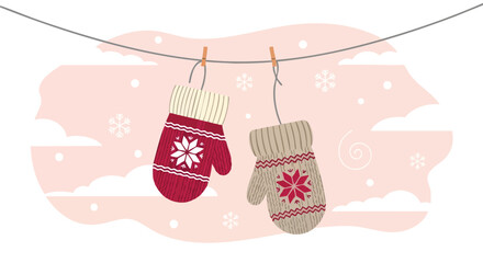 A charming illustration features two cozy, knitted mittens adorned with snowflake and floral designs, hanging on a clothesline against a soft pink backdrop with subtle cloud and snow details.