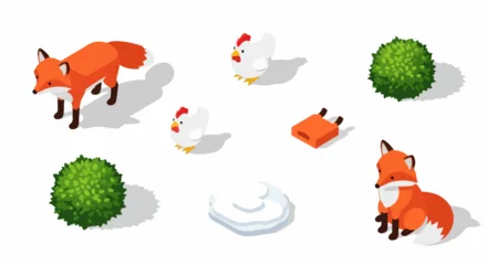 Fototapeten Bauernhof Isometric vector assets featuring cartoon foxes, chickens, green shrubs, snow, and a small den, isolated set for game or map design.  © Asep