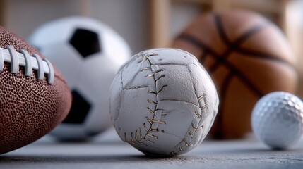 Collection of various sports balls including soccer, basketball, baseball, golf, and football arranged on a surface in a well-lit room