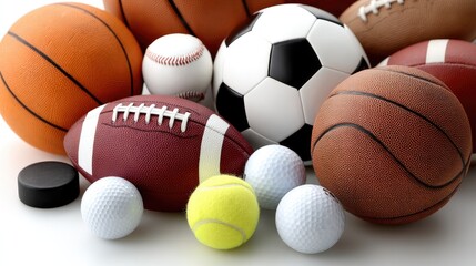 Variety of sports balls including soccer, basketball, tennis, and baseball arranged together showcasing the diversity of sports equipment