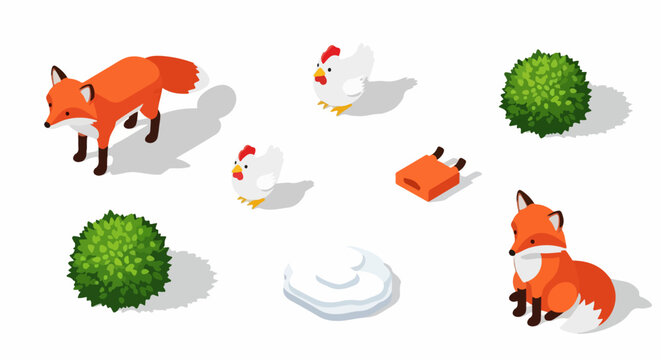 Isometric vector assets featuring cartoon foxes, chickens, green shrubs, snow, and a small den, isolated set for game or map design.