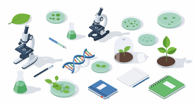 Isometric biology and science research kit with microscopes, DNA structure, seedlings, lab glassware, and notebooks, isolated on a white background.