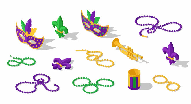 Mardi Gras isometric set with carnival masks, purple, green, and gold beads, trumpet, and fleur-de-lis symbols on white.