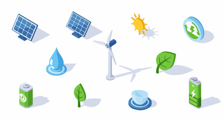 Isometric Renewable Energy and Ecology Icons Set. Sustainable Power Symbols: Solar Panels, Wind Turbine, Water Drop, and Rechargeable Batteries. © Asep