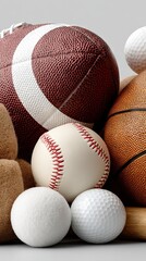 Collection of various sports balls arranged on a neutral background highlighting their different textures and shapes during a bright indoor setting