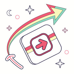 Colorful arrow icon with rainbow trail and abstract shapes
