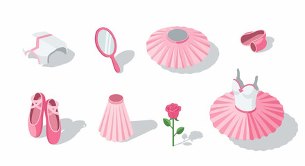 Pink Ballet Accessories Isometric Vector Set: Tutus, Pointe Shoes, Mirror, and Rose on White Background. © Asep