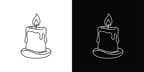 Melting Candle on Plate Line Art Vector, Black and White Burning Candle Symbol Representing Hope, Faith, and Spiritual Peace