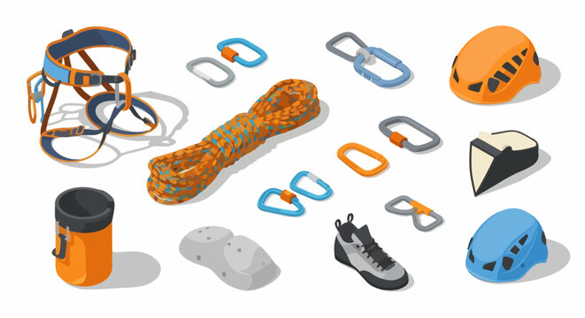 Isometric rock climbing gear set featuring harness, rope, carabiners, helmets, and shoes for outdoor sports and adventure.